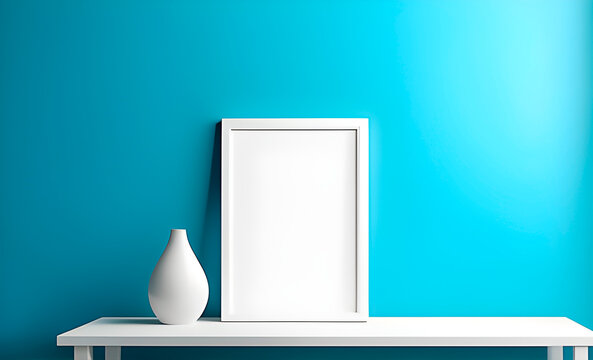 Blank white frame on blue wall for mockup. Minimalist style.