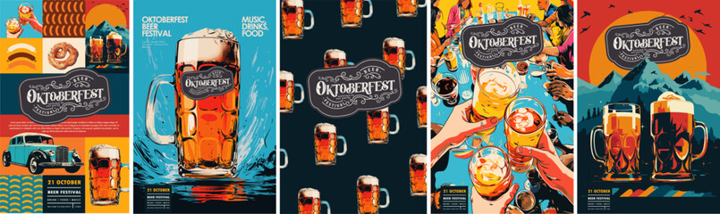 Oktoberfest. Beer Festival. Vector illustration of german holiday, table, people and hands holding glasses, mugs of beer and pattern for poster, background or flyer - obrazy, fototapety, plakaty