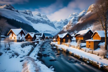 Fototapeta premium wallpaper, scandinavian village under the snow, generative ai