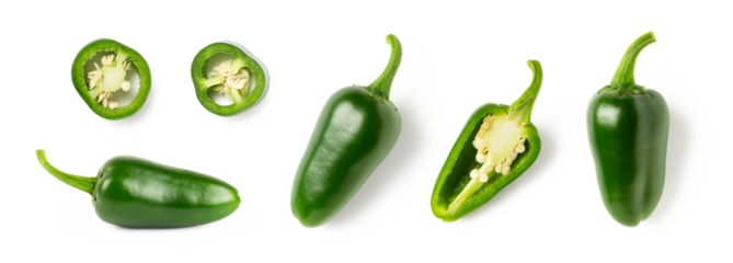 set / collection of green hot spicy jalapenos or chili peppers, whole, half and slices / sliced isolated over transparency, top and side view, organic green food design elements, PNG