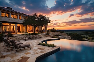 A grand and opulent luxurious mansion stands proudly on an expansive estate in the picturesque Texas hill country. The landscape is adorned with rolling hills and abundant greenery, encapsulating the