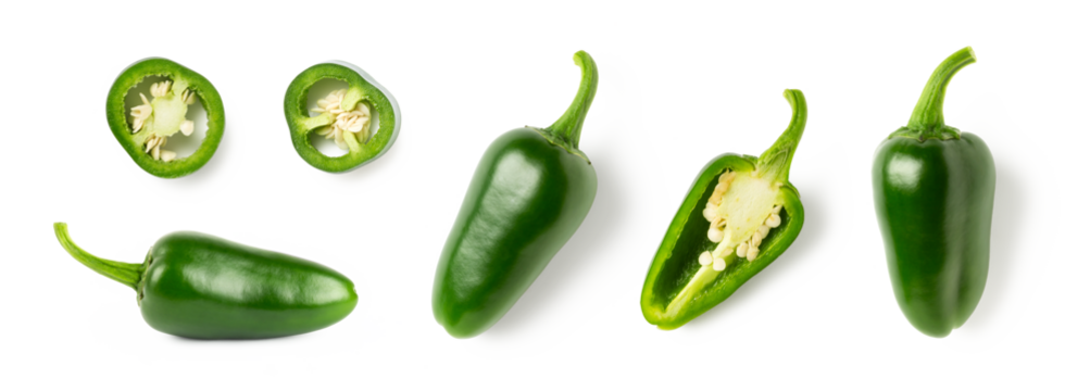 set / collection of green hot spicy jalapenos or chili peppers, whole, half and slices / sliced isolated over transparency, top and side view, organic green food design elements, PNG