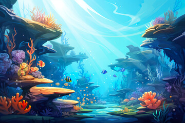 Fototapeta na wymiar 2D abstract underwater coral reef background environment for adventure or battle mobile game. Tropical coral reef cartoon style in game art background environment.