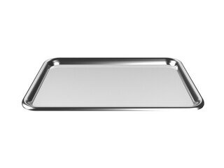 Empty stainless steel tray isolated on white background. 3d illustration.