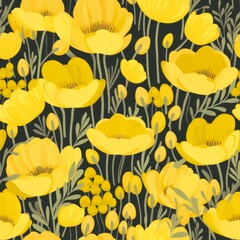 Seamless a vibrant yellow flowers pattern on a sleek black background