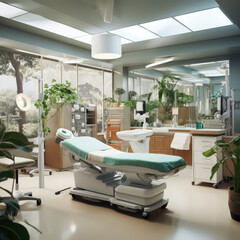 This AI-generated illustration depicts a modern medical office with an electronic medical record system and wheelchair-accessible examination tables. The nature-inspired artwork and potted plants brin