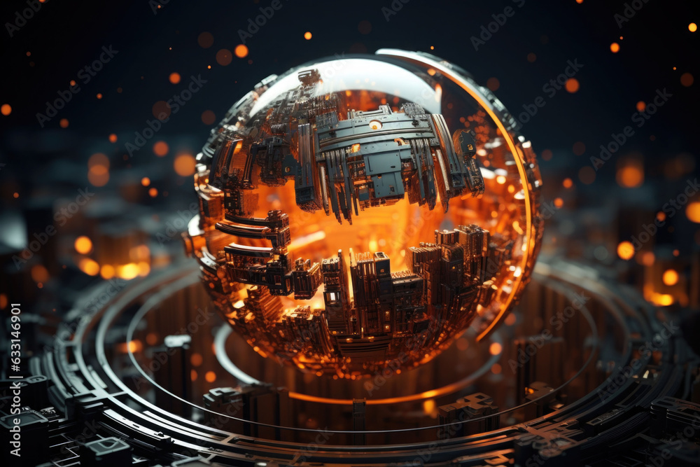 Wall mural world globe in cyber world of information. future and industry concept with communication and techno