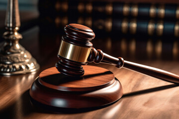 Judges gavel on wooden desk. Law and justice. Legality concept. Generative AI