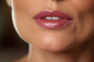 Fototapeta premium Close up on the mouth of a middle aged woman with her mouth closed. AI generated