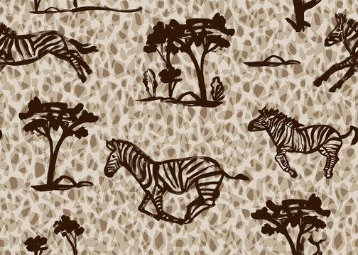 Abstract pattern with running zebras on the savannah painted