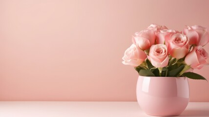 Pink roses in a pink vase and circle podium side on a pink background with copy space created with Generative AI