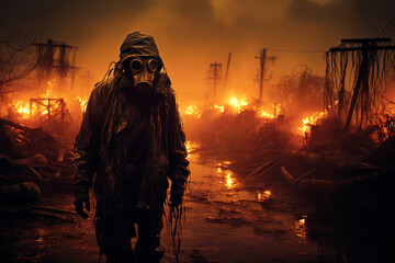 Post apocalypse, scary apocalyptic scene with person in gas mask and fire - obrazy, fototapety, plakaty