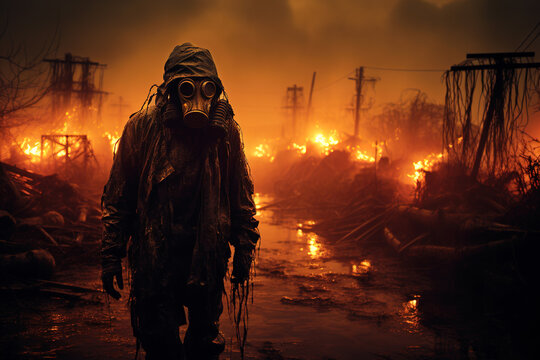 Post apocalypse, scary apocalyptic scene with person in gas mask and fire