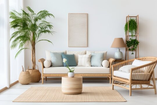 The interior design features a comfortable and inviting living room, perfect for the summer season. It includes a rattan armchair, a couch adorned with pillows, a mock u poster frame, a side table, a