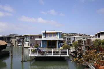 View of the beautiful and colorful floating river houses in San Francisco, California