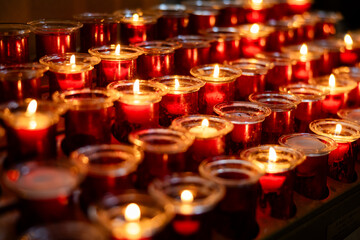 Rows of burning votive candles in a dark European Catholic church in Rome Italy seeking favor from the Lord or saint - obrazy, fototapety, plakaty