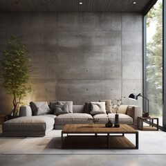 Interior of modern living room with modern concrete walls. Created using generative AI
