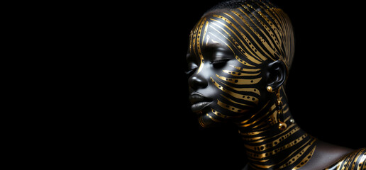 Fashionable female portrait with golden make-up on the girl's face, dark and white skin make-up, close-up of eyes and lips. Modern art of modeling business. Created with AI