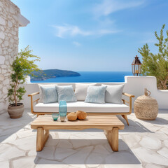 Outdoor beach sofa and wooden coffee table with mediterranean ocean view in background. Created using generative AI