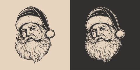 Vintage retro xmas merry christmas new year santa claus character. Monochrome Graphic Art. Vector. Hand drawn element engraving - obrazy, fototapety, plakaty