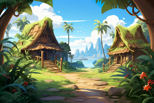 2D abstract tranquil village background environment for mobile adventure or battle game. Small calm village cartoon style in game art background environment.