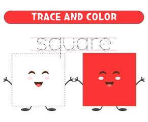  Trace and color cute square. Basic geometric shapes. Worksheet for kids.