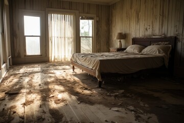 The bedrooms wooden floor is covered with dust and dirt.