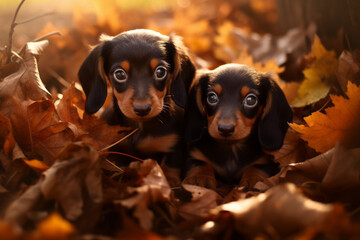  dachshund puppies in autumn leaves