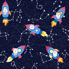 Seamless pattern with lama in a rocket, in space. Lama travels, adventures among the stars. Cute pattern with alpaca © MichiruKayo