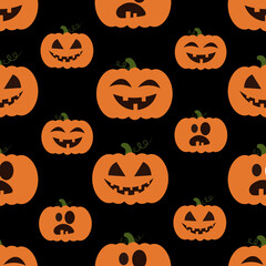 Halloween pumpkins. Seamless pattern of Orange pumpkins with carving scary smiling faces. Design for holiday greeting card and invitation, flyers, posters, invitation,  banner halloween party holiday