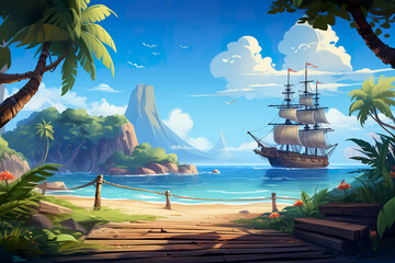 Obraz premium Background environment of 2D abstract tropical pirate ship deck for adventure or battle mobile game. Tropical pirate ship deck cartoon style in game art background environment.