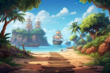 Background environment of 2D abstract tropical pirate ship deck for adventure or battle mobile game. Tropical pirate ship deck cartoon style in game art background environment.
