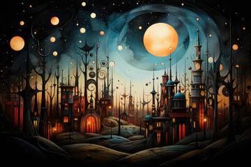 A painting of a city at night with a full moon. Romantic surreal landscape.