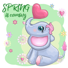 Cute cartoon elephant, childish character with beautiful eyes with a heart.