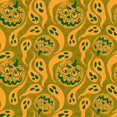 Autumn harvest seamless Halloween mosaic pumpkins pattern for wrapping paper and fabrics and kids clothes