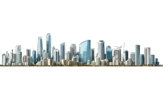 A city skyline with tall buildings on a white background