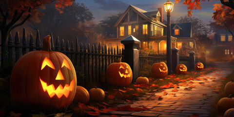 A halloween scene with jack o lantern pumpkins in front of a house.