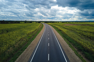 Aerial view of empty intercity road between green agricultural fields. Top view from drone of highway roadway
