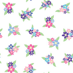 Floral seamless pattern with pink, lavender, blue, purple chamomile flower and leaves. Childish, feminine, gentle