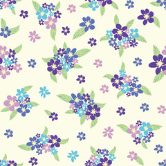 Floral seamless pattern with titian, lavender, blue, purple chamomile flower and leaves on pastel background