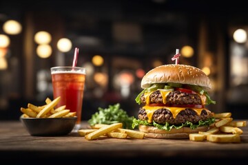 Hamburger, cola and fries - obrazy, fototapety, plakaty