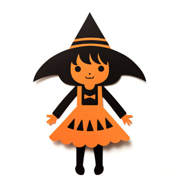 A paper cutout of a little girl wearing a witch costume. Digital image. Simple paper halloween character.