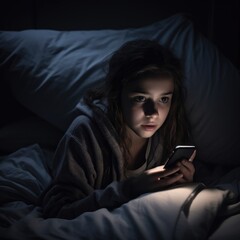 Young woman using mobile phone in bed at night. Toned image