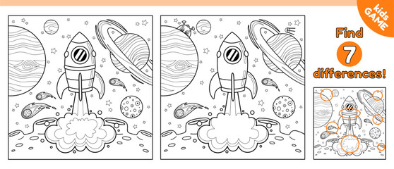 Kids game. Find differences and color picture. Coloring page on space theme. Cartoon space rocket launch. Spaceship takes off from the surface of the moon. Puzzle for children. Vector outline design.