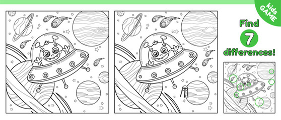 Kids game. Find differences and color picture. Coloring page on space theme. Cartoon alien in flying saucer among the stars, comets, planets. Puzzle for preschool and school children. Vector outline.