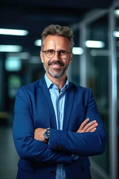 Happy Middle Aged Business Man Ceo Standing In Office Arms Crossed. Smiling Mature Confident Professional Executive Manager, Proud Lawyer, Businessman Leader Wearing Blue Suit