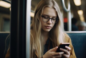 Young woman using mobile phone in a train
