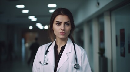 Portrait of young female doctor in white coat looking at camera.