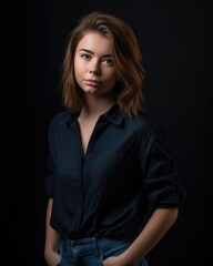 Fototapeta na wymiar Portrait of beautiful young woman on dark background. Studio shot.