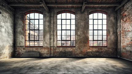 Fototapeta na wymiar Empty Red Brick Loft Apartment with Grunge Look Bright Interior